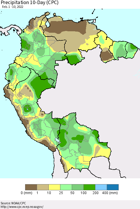 Northern South America Precipitation 10-Day (CPC) Thematic Map For 2/1/2022 - 2/10/2022