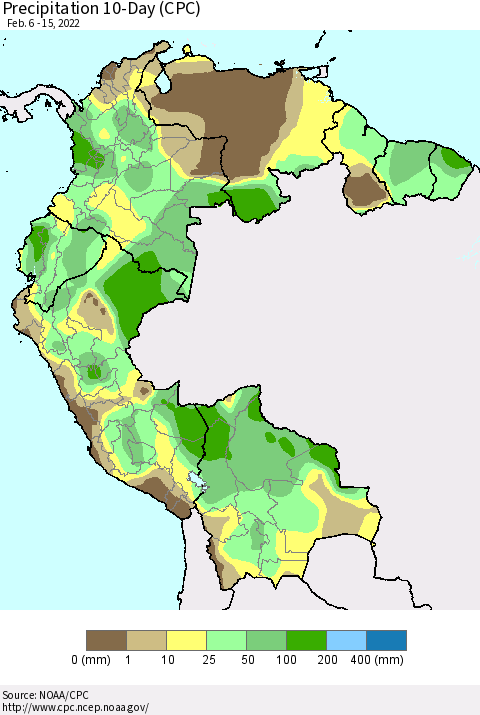 Northern South America Precipitation 10-Day (CPC) Thematic Map For 2/6/2022 - 2/15/2022