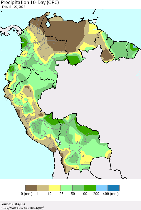 Northern South America Precipitation 10-Day (CPC) Thematic Map For 2/11/2022 - 2/20/2022