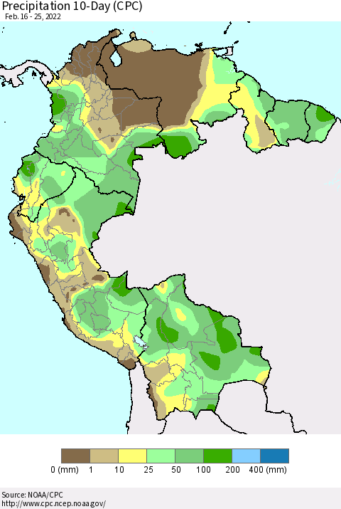 Northern South America Precipitation 10-Day (CPC) Thematic Map For 2/16/2022 - 2/25/2022