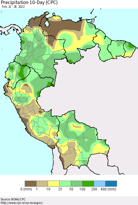 Northern South America Precipitation 10-Day (CPC) Thematic Map For 2/21/2022 - 2/28/2022