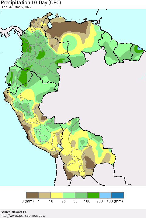 Northern South America Precipitation 10-Day (CPC) Thematic Map For 2/26/2022 - 3/5/2022
