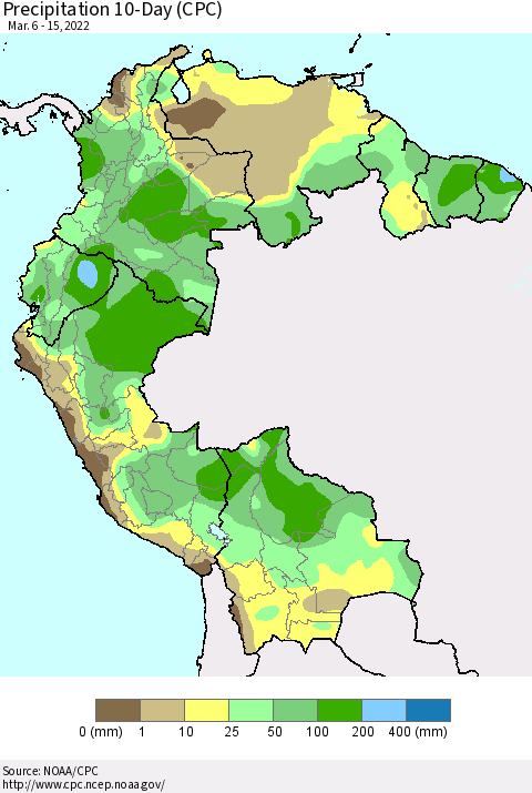 Northern South America Precipitation 10-Day (CPC) Thematic Map For 3/6/2022 - 3/15/2022