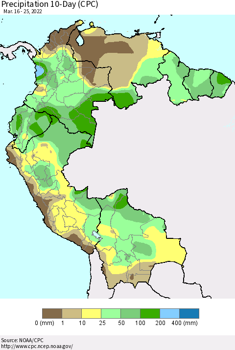 Northern South America Precipitation 10-Day (CPC) Thematic Map For 3/16/2022 - 3/25/2022