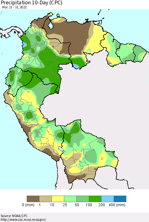 Northern South America Precipitation 10-Day (CPC) Thematic Map For 3/21/2022 - 3/31/2022