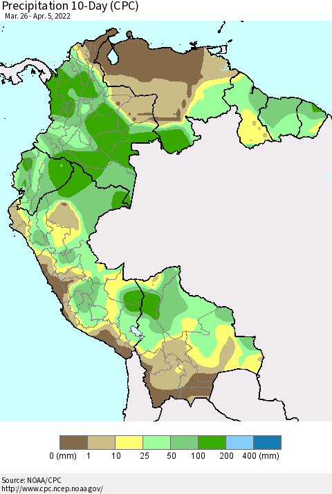Northern South America Precipitation 10-Day (CPC) Thematic Map For 3/26/2022 - 4/5/2022