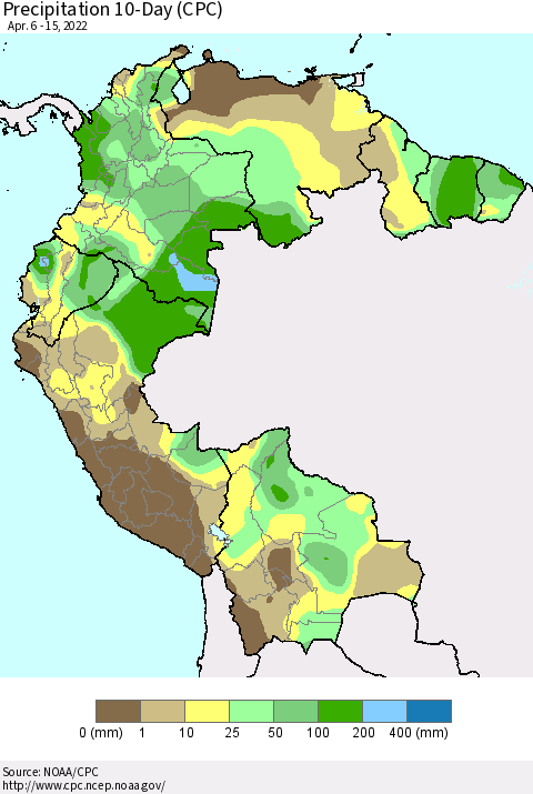 Northern South America Precipitation 10-Day (CPC) Thematic Map For 4/6/2022 - 4/15/2022