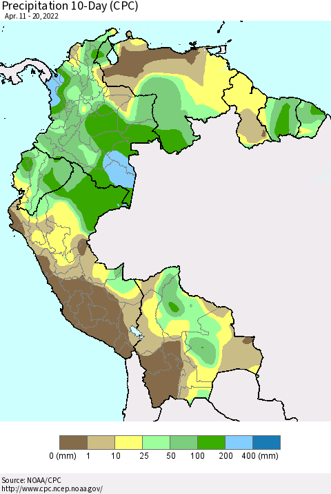Northern South America Precipitation 10-Day (CPC) Thematic Map For 4/11/2022 - 4/20/2022