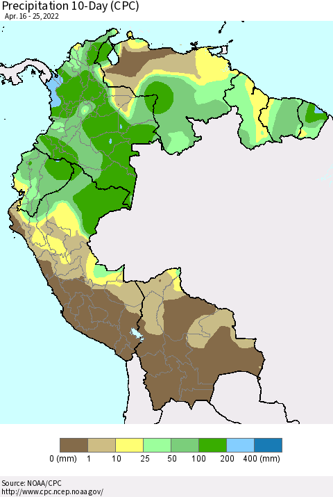 Northern South America Precipitation 10-Day (CPC) Thematic Map For 4/16/2022 - 4/25/2022