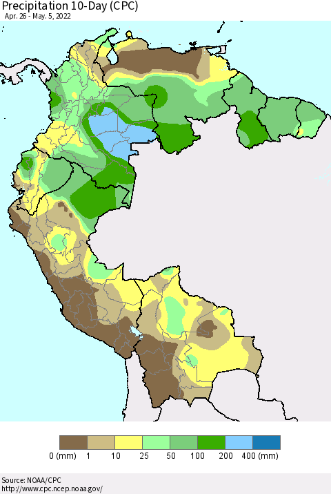 Northern South America Precipitation 10-Day (CPC) Thematic Map For 4/26/2022 - 5/5/2022