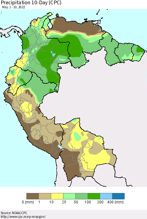 Northern South America Precipitation 10-Day (CPC) Thematic Map For 5/1/2022 - 5/10/2022