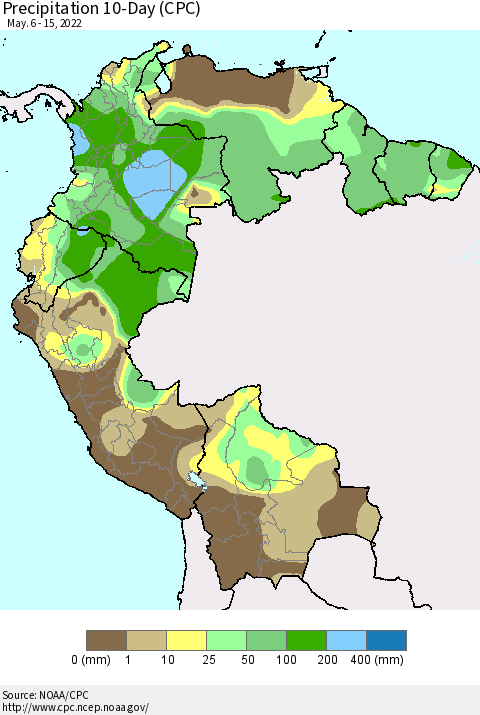 Northern South America Precipitation 10-Day (CPC) Thematic Map For 5/6/2022 - 5/15/2022