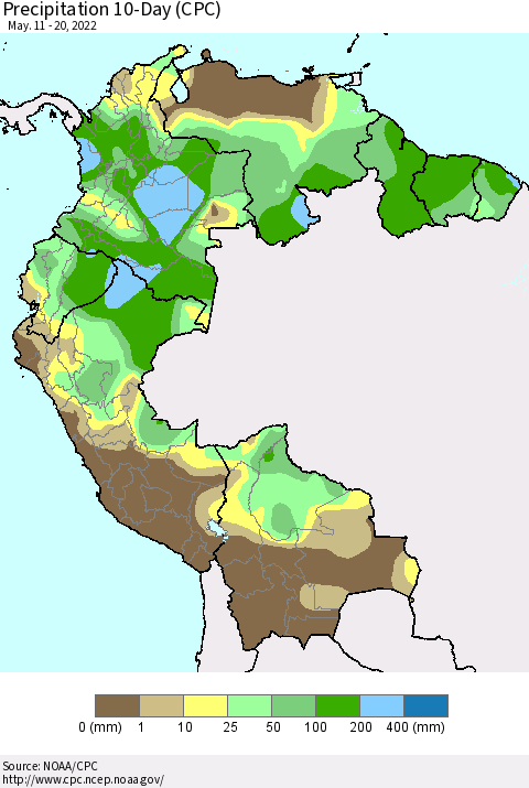 Northern South America Precipitation 10-Day (CPC) Thematic Map For 5/11/2022 - 5/20/2022