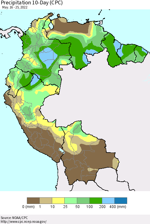 Northern South America Precipitation 10-Day (CPC) Thematic Map For 5/16/2022 - 5/25/2022