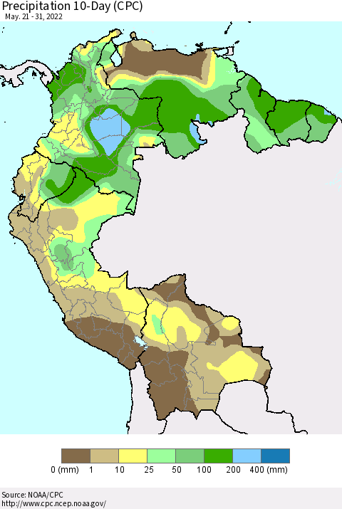 Northern South America Precipitation 10-Day (CPC) Thematic Map For 5/21/2022 - 5/31/2022