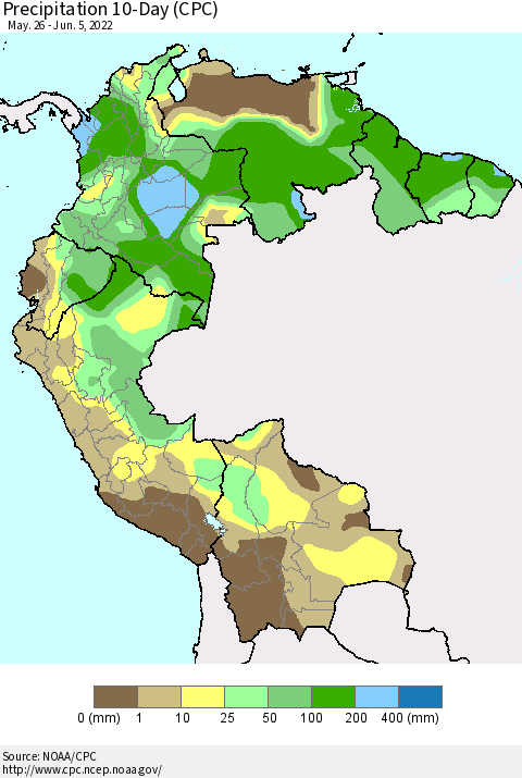Northern South America Precipitation 10-Day (CPC) Thematic Map For 5/26/2022 - 6/5/2022