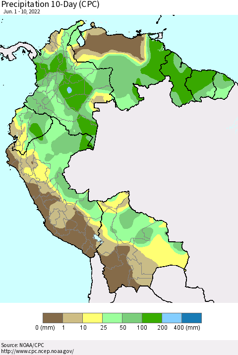 Northern South America Precipitation 10-Day (CPC) Thematic Map For 6/1/2022 - 6/10/2022