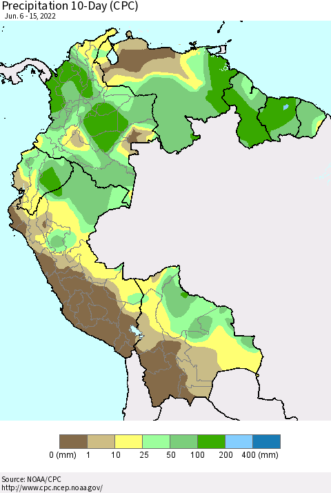 Northern South America Precipitation 10-Day (CPC) Thematic Map For 6/6/2022 - 6/15/2022