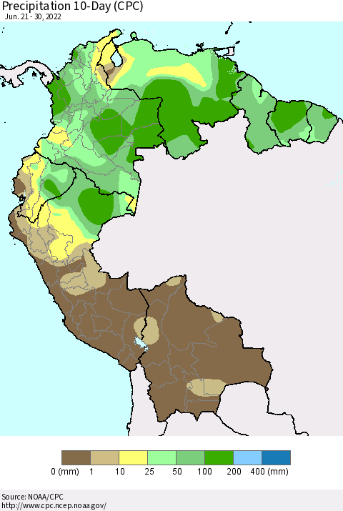 Northern South America Precipitation 10-Day (CPC) Thematic Map For 6/21/2022 - 6/30/2022