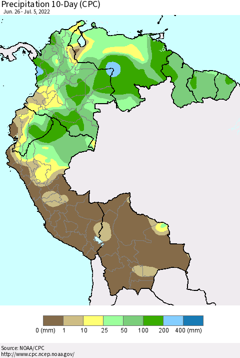 Northern South America Precipitation 10-Day (CPC) Thematic Map For 6/26/2022 - 7/5/2022
