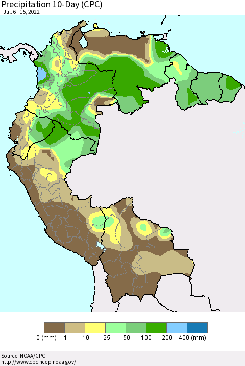 Northern South America Precipitation 10-Day (CPC) Thematic Map For 7/6/2022 - 7/15/2022