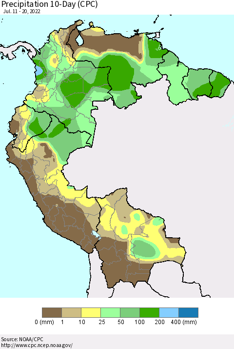 Northern South America Precipitation 10-Day (CPC) Thematic Map For 7/11/2022 - 7/20/2022