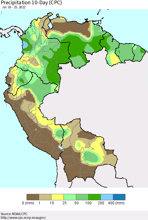 Northern South America Precipitation 10-Day (CPC) Thematic Map For 7/16/2022 - 7/25/2022