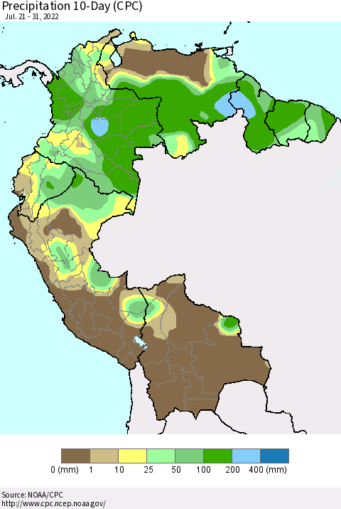 Northern South America Precipitation 10-Day (CPC) Thematic Map For 7/21/2022 - 7/31/2022