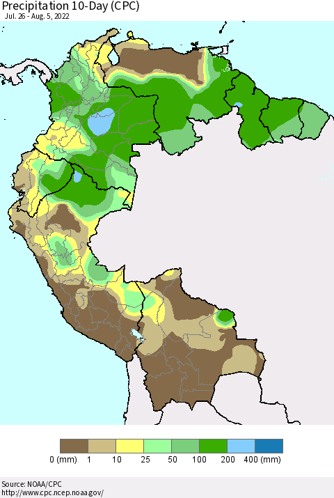 Northern South America Precipitation 10-Day (CPC) Thematic Map For 7/26/2022 - 8/5/2022