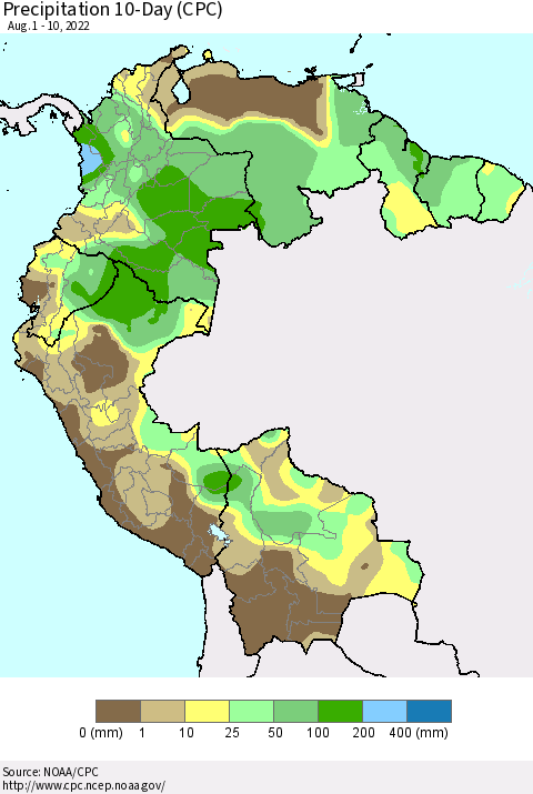 Northern South America Precipitation 10-Day (CPC) Thematic Map For 8/1/2022 - 8/10/2022