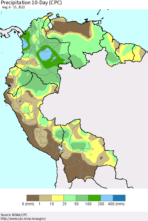 Northern South America Precipitation 10-Day (CPC) Thematic Map For 8/6/2022 - 8/15/2022