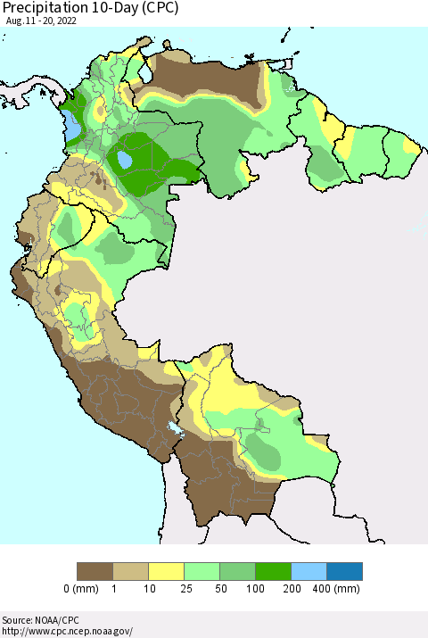Northern South America Precipitation 10-Day (CPC) Thematic Map For 8/11/2022 - 8/20/2022