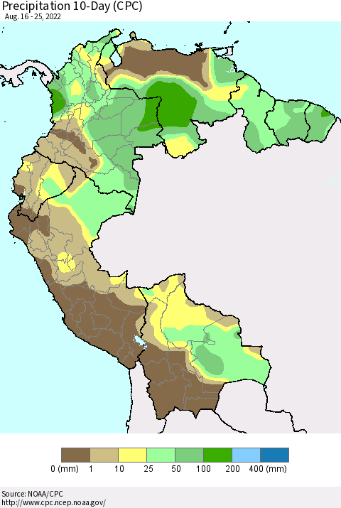 Northern South America Precipitation 10-Day (CPC) Thematic Map For 8/16/2022 - 8/25/2022