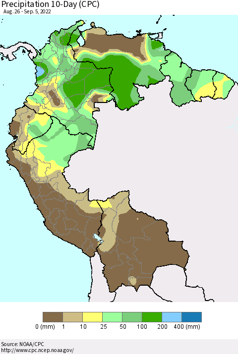 Northern South America Precipitation 10-Day (CPC) Thematic Map For 8/26/2022 - 9/5/2022