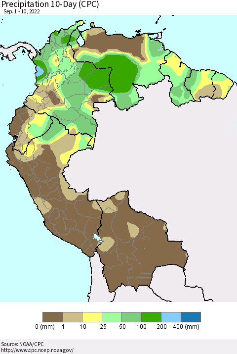 Northern South America Precipitation 10-Day (CPC) Thematic Map For 9/1/2022 - 9/10/2022