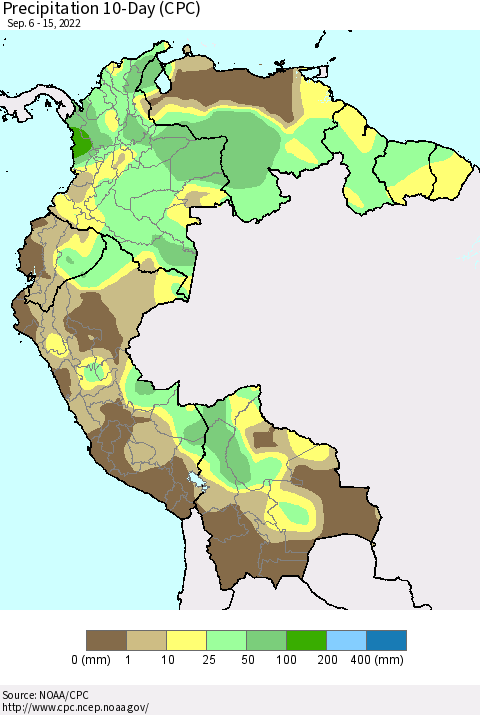 Northern South America Precipitation 10-Day (CPC) Thematic Map For 9/6/2022 - 9/15/2022