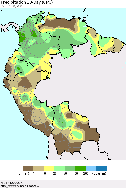 Northern South America Precipitation 10-Day (CPC) Thematic Map For 9/11/2022 - 9/20/2022