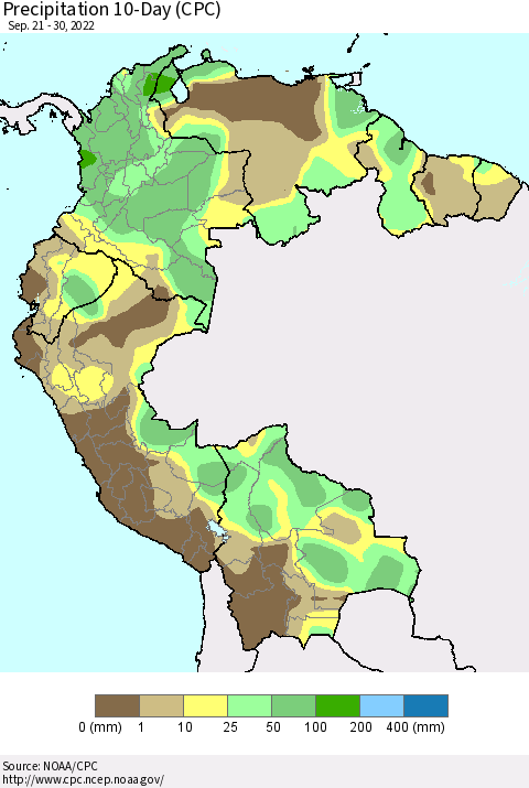Northern South America Precipitation 10-Day (CPC) Thematic Map For 9/21/2022 - 9/30/2022