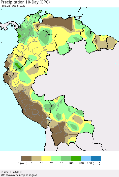 Northern South America Precipitation 10-Day (CPC) Thematic Map For 9/26/2022 - 10/5/2022