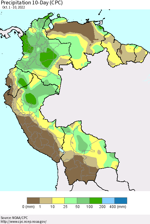 Northern South America Precipitation 10-Day (CPC) Thematic Map For 10/1/2022 - 10/10/2022