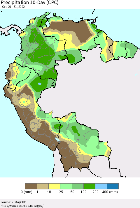 Northern South America Precipitation 10-Day (CPC) Thematic Map For 10/21/2022 - 10/31/2022