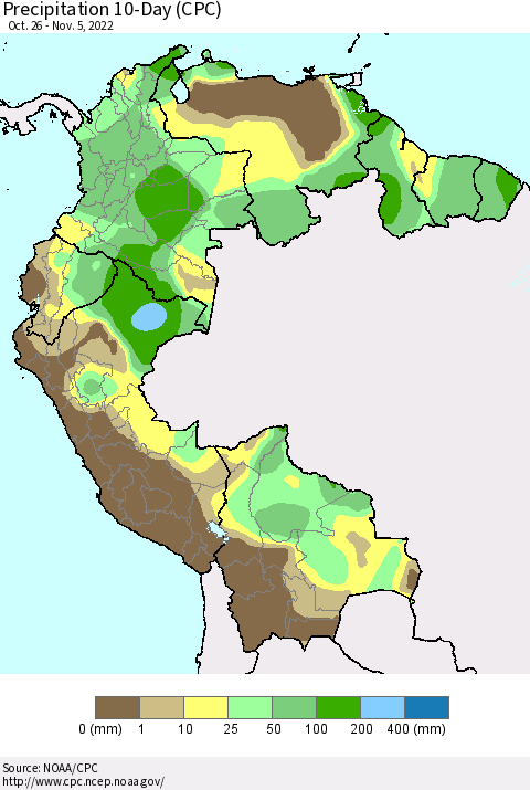 Northern South America Precipitation 10-Day (CPC) Thematic Map For 10/26/2022 - 11/5/2022
