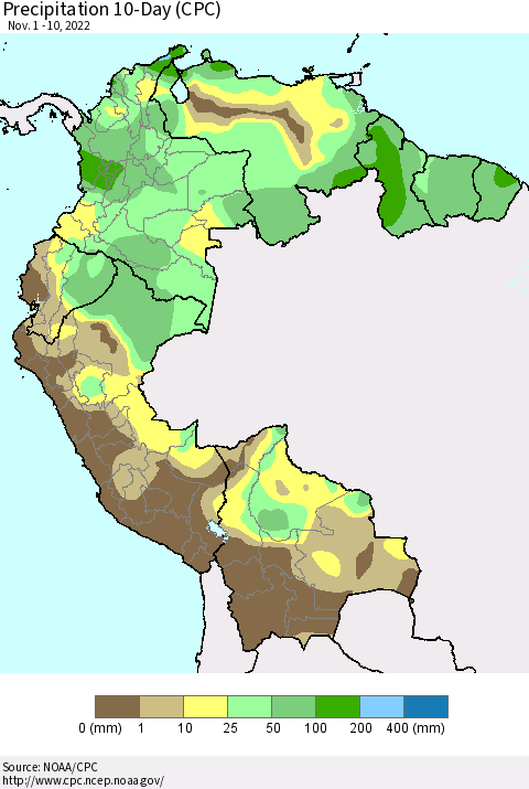 Northern South America Precipitation 10-Day (CPC) Thematic Map For 11/1/2022 - 11/10/2022