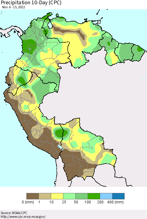 Northern South America Precipitation 10-Day (CPC) Thematic Map For 11/6/2022 - 11/15/2022