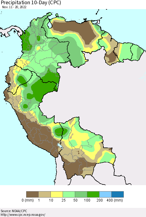 Northern South America Precipitation 10-Day (CPC) Thematic Map For 11/11/2022 - 11/20/2022