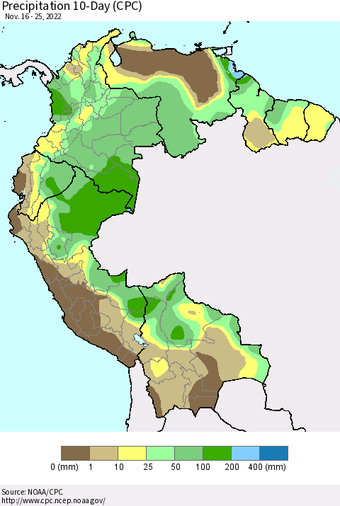 Northern South America Precipitation 10-Day (CPC) Thematic Map For 11/16/2022 - 11/25/2022