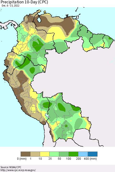 Northern South America Precipitation 10-Day (CPC) Thematic Map For 12/6/2022 - 12/15/2022