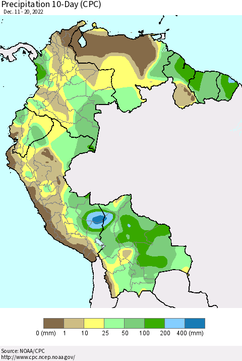 Northern South America Precipitation 10-Day (CPC) Thematic Map For 12/11/2022 - 12/20/2022