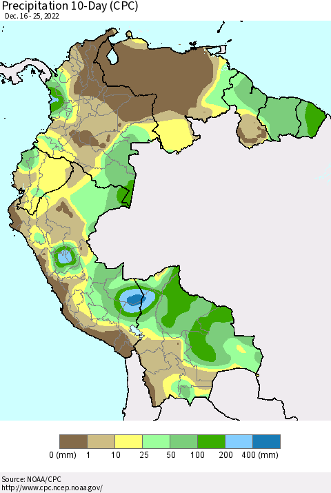 Northern South America Precipitation 10-Day (CPC) Thematic Map For 12/16/2022 - 12/25/2022