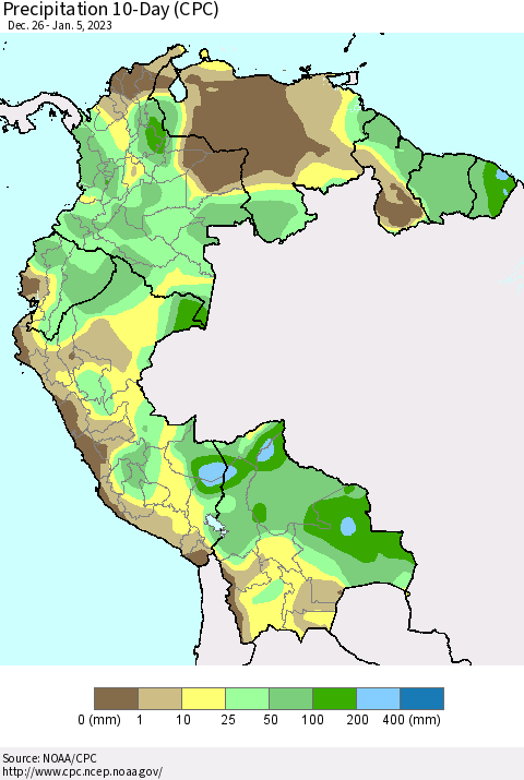 Northern South America Precipitation 10-Day (CPC) Thematic Map For 12/26/2022 - 1/5/2023
